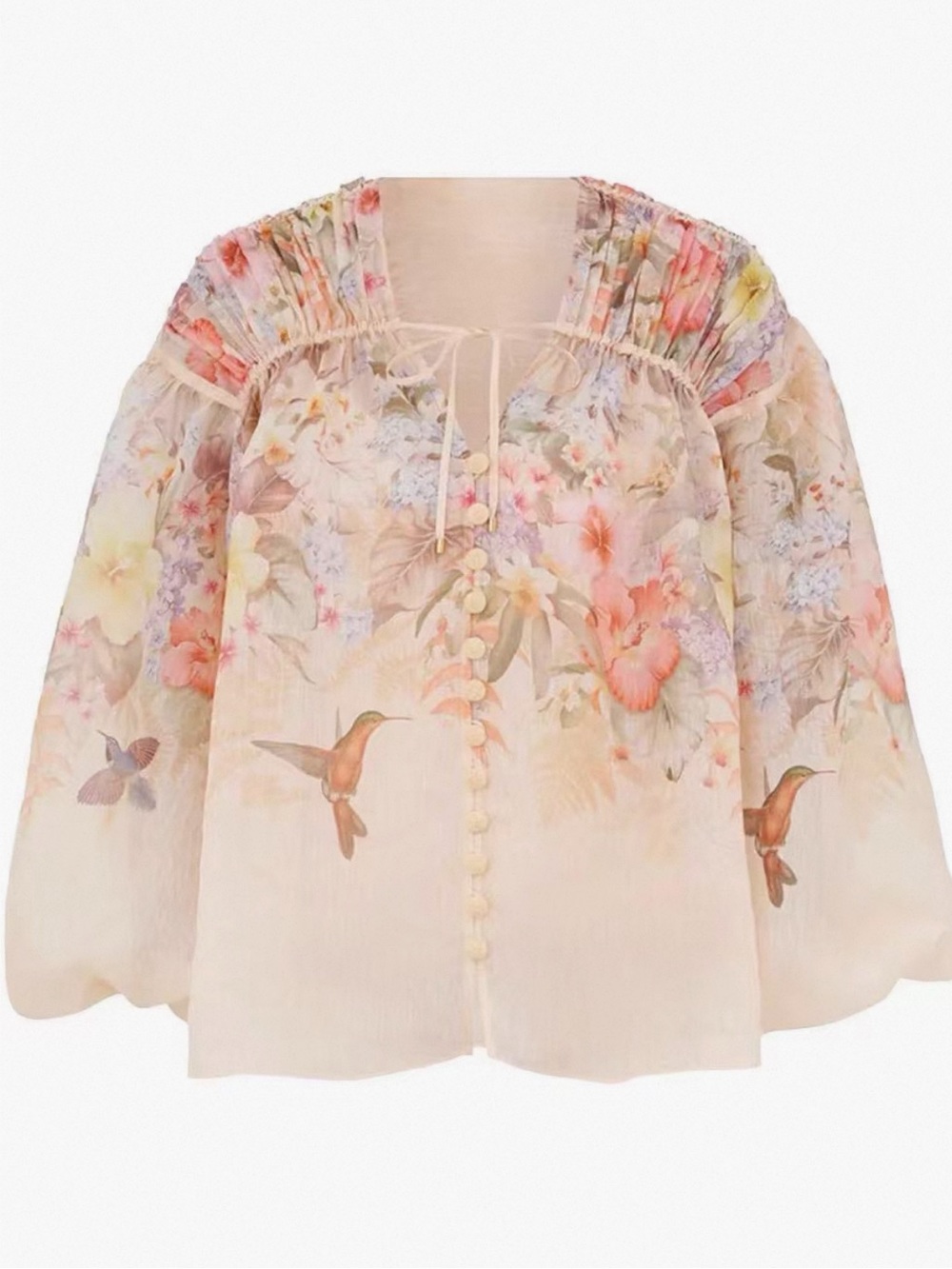 Zimmermann Cream Floral Hummingbird Peasant Blouse
